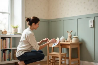 Femme tenant des échantillons de couleurs dans une chambre d'enfant en cours de réaménagement
