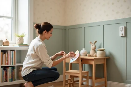 Femme tenant des échantillons de couleurs dans une chambre d'enfant en cours de réaménagement