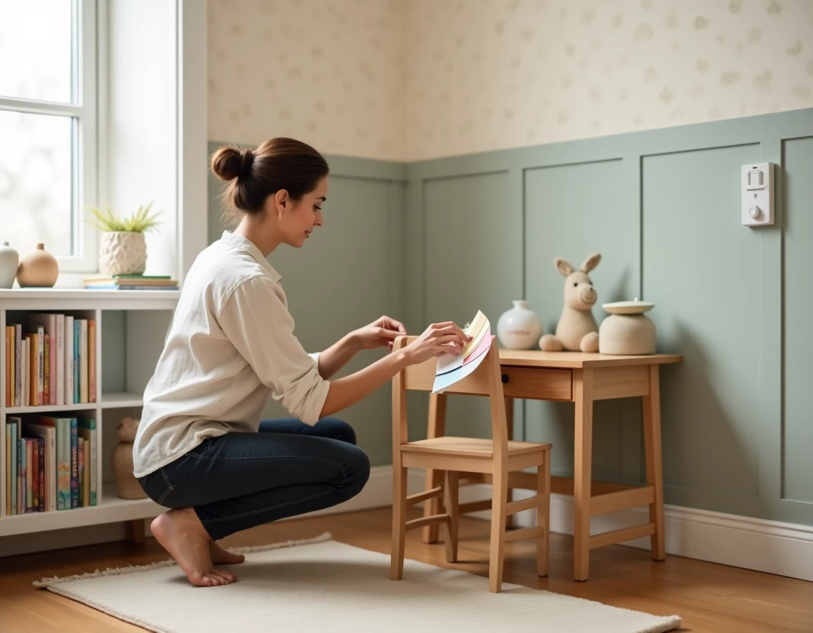 Femme tenant des échantillons de couleurs dans une chambre d'enfant en cours de réaménagement