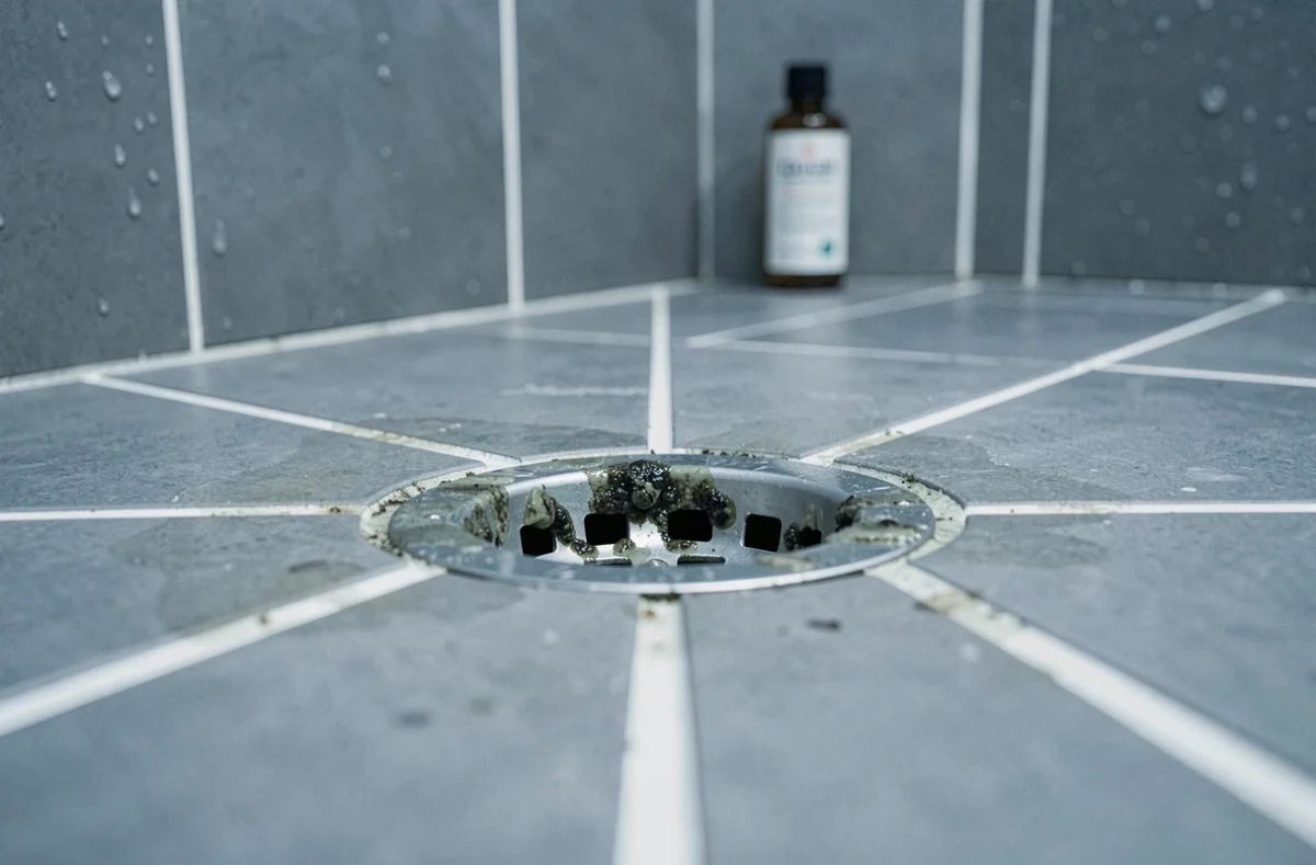 Vue rapprochée d'un siphon de douche encrassé avec biofilm et moisissures, favorisant la prolifération des mouches à drains