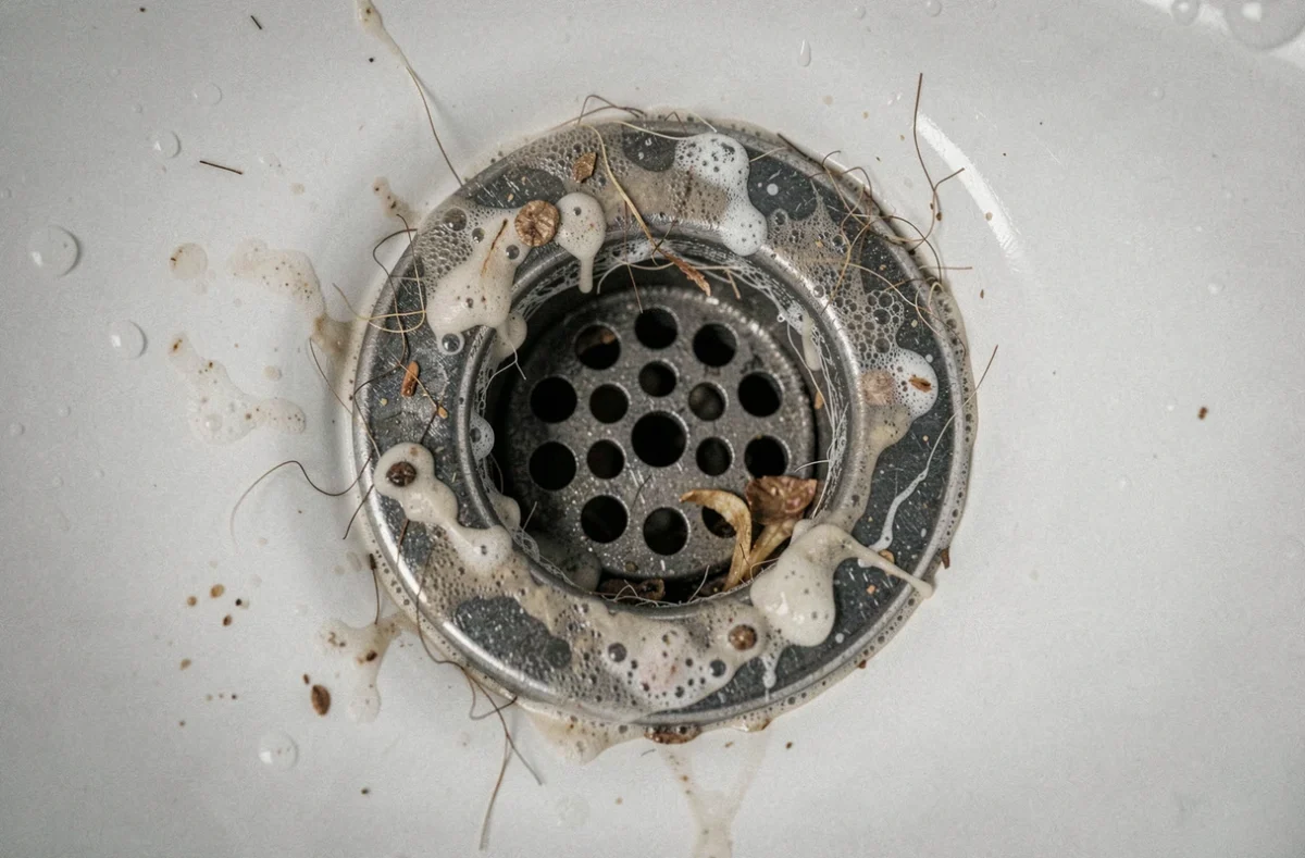Gros plan sur un siphon de lavabo encrassé avec dépôts organiques et résidus de savon, cause principale des mouches à drains
