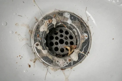 Gros plan sur un siphon de lavabo encrassé avec dépôts organiques et résidus de savon, cause principale des mouches à drains
