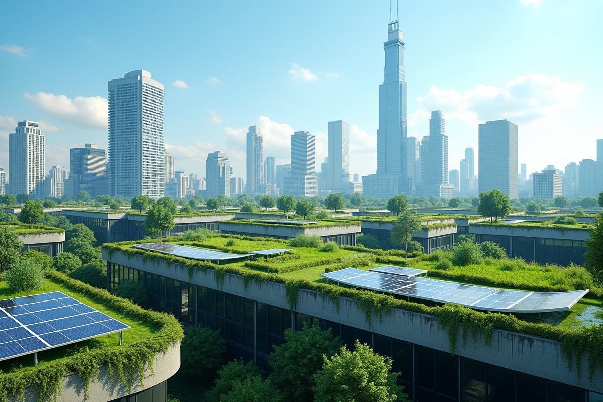 Paysage urbain avec toits verts et panneaux solaires