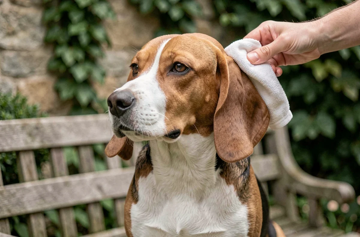 Soin des oreilles d'un Briquet Beagle propre après toilettage dans un jardin rustique
