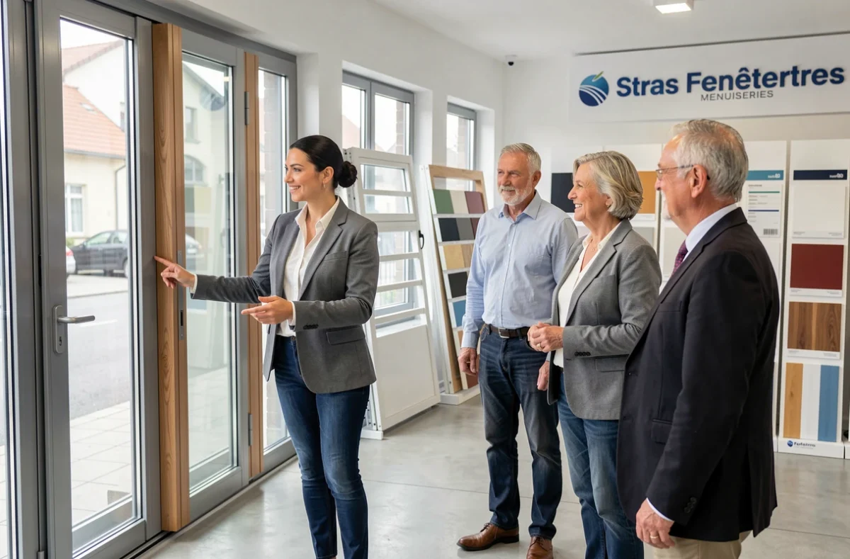 Conseillère présentant des menuiseries en aluminium, bois et PVC chez Stras Fenêtres à Strasbourg