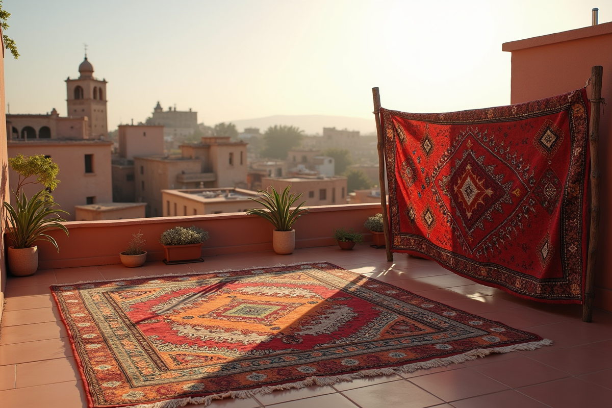 Tapis marocains suspendus pour sécher sur un toit