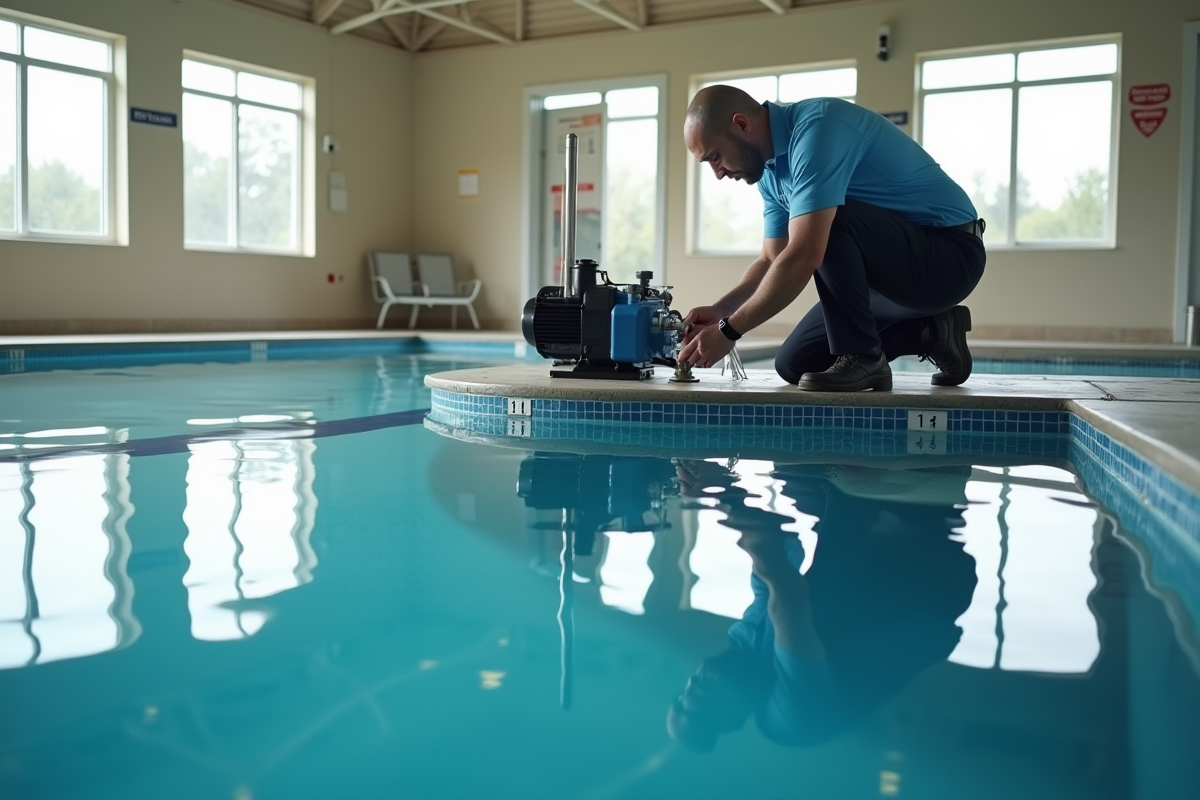 Technicien professionnel installant une pompe de nage intérieure sous lumière naturelle