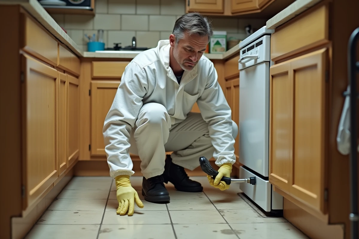 Technicien en traitement antiparasitaire appliquant un insecticide professionnel contre les cafards dans une cuisine résidentielle