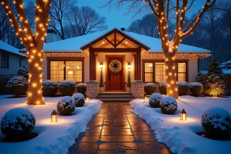 Façade de maison moderne décorée de guirlandes LED blanc chaud et de projecteurs extérieurs pour Noël 2026