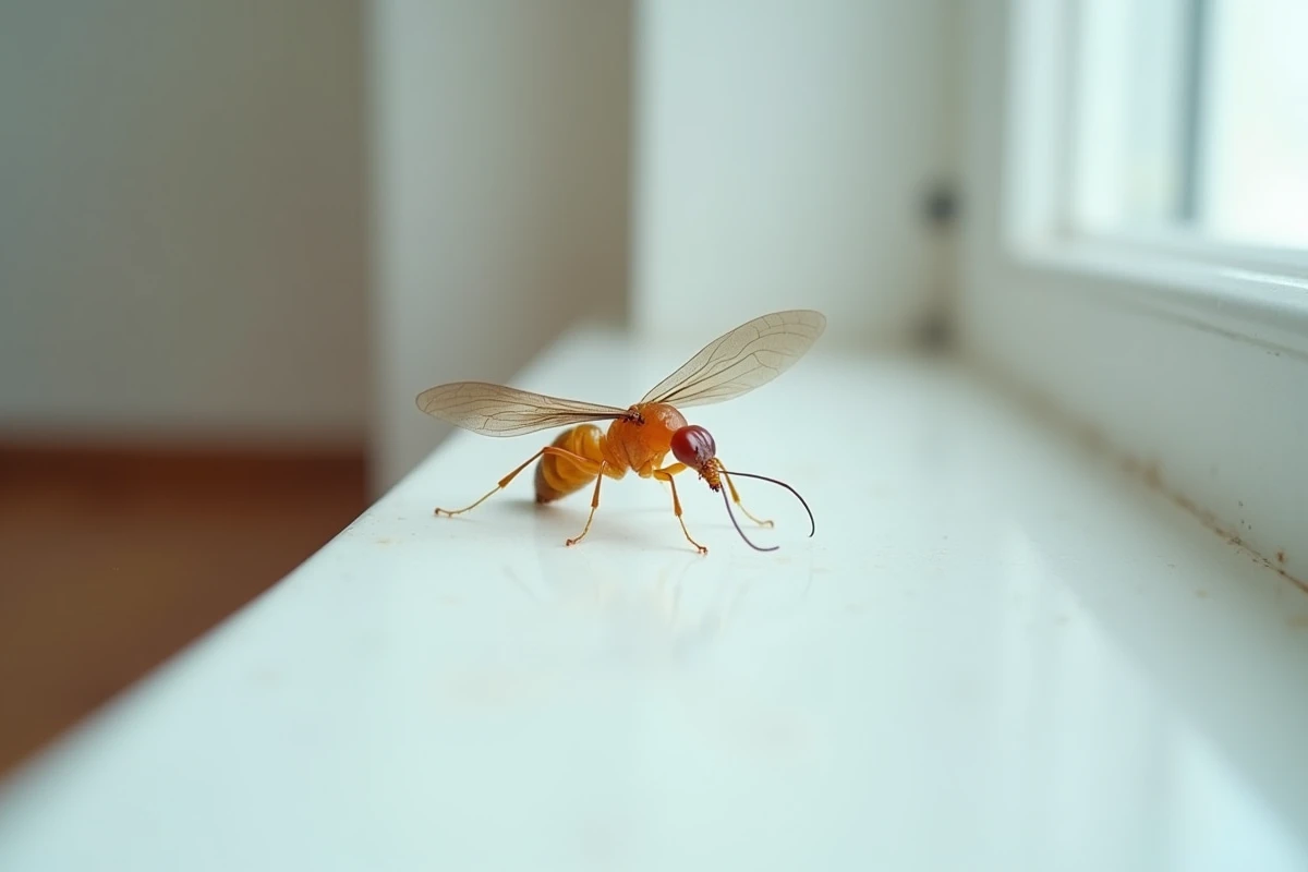 Gros plan d'une termite ailée posée sur un rebord de fenêtre intérieur, révélant ses ailes égales et son corps épais caractéristiques
