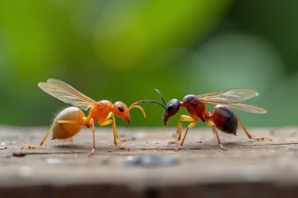 Comparaison côte à côte d'une termite volante et d'une fourmi ailée sur une surface en bois, montrant les différences morphologiques clés