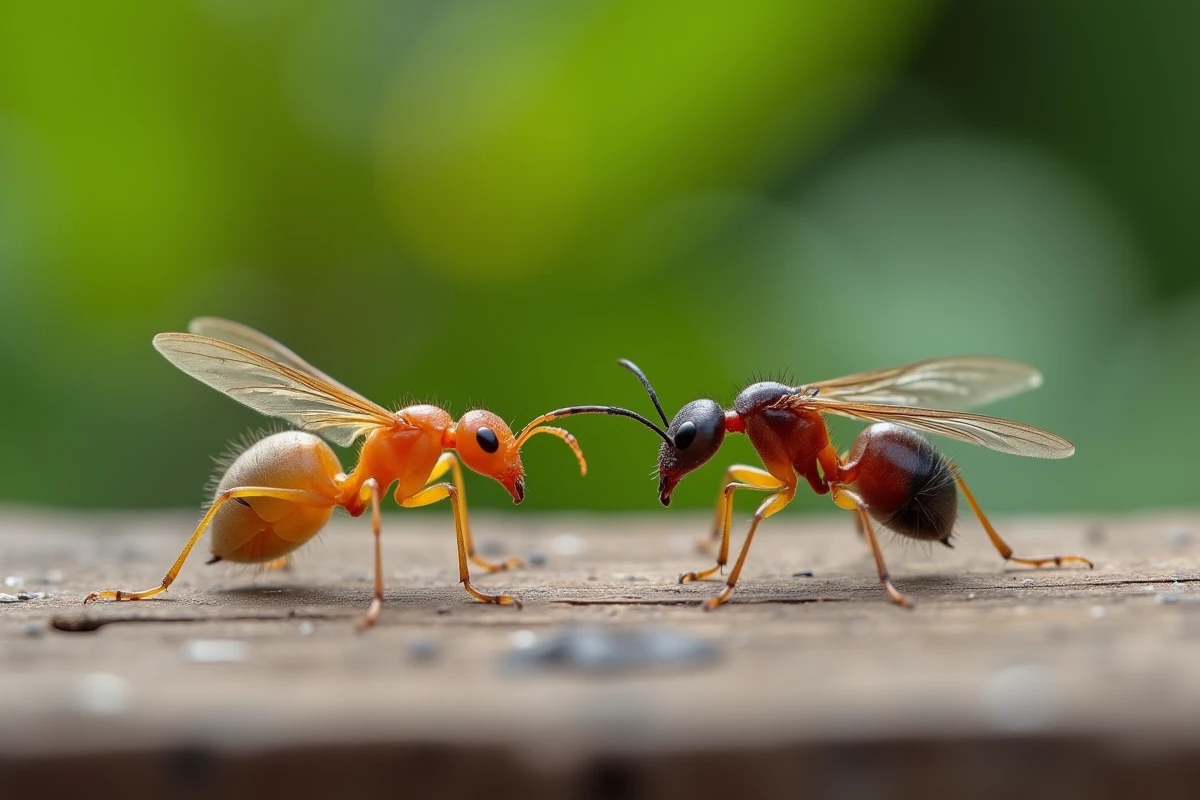 Comparaison côte à côte d'une termite volante et d'une fourmi ailée sur une surface en bois, montrant les différences morphologiques clés