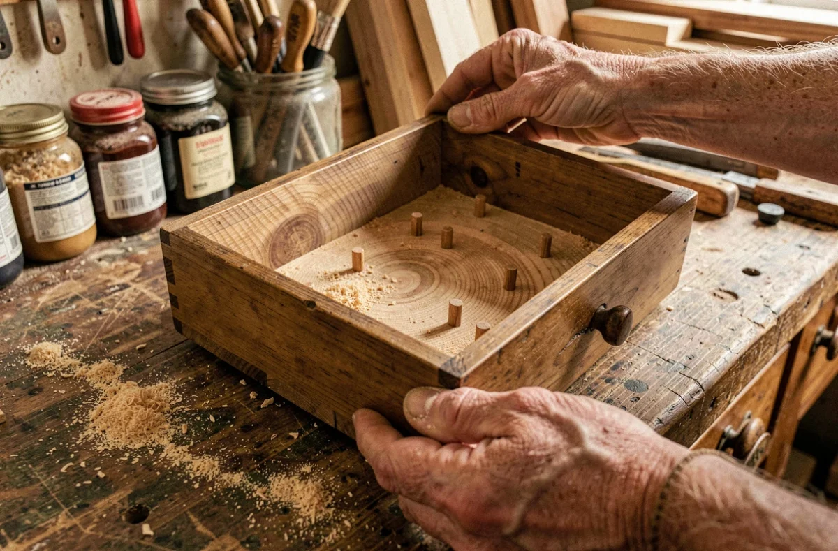 Mains d'artisan tenant un tiroir ancien en bois avec des chevilles d'origine révélant des signes d'authenticité