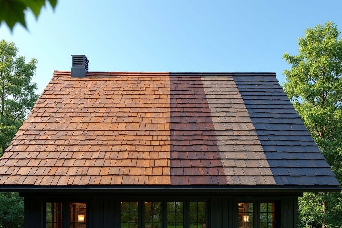 Toit moderne avec différentes tuiles en bois sur maison écologique