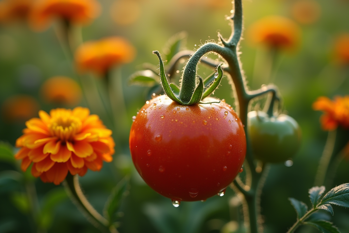 Tomate sain entouré de fleurs et de rosée matinale