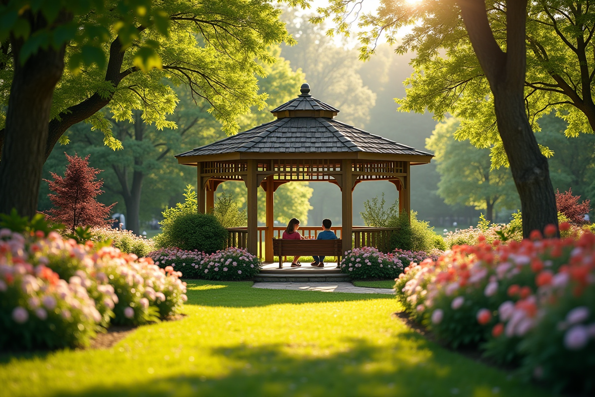 Tonnelle de jardin en bois dans un parc en été avec des fleurs