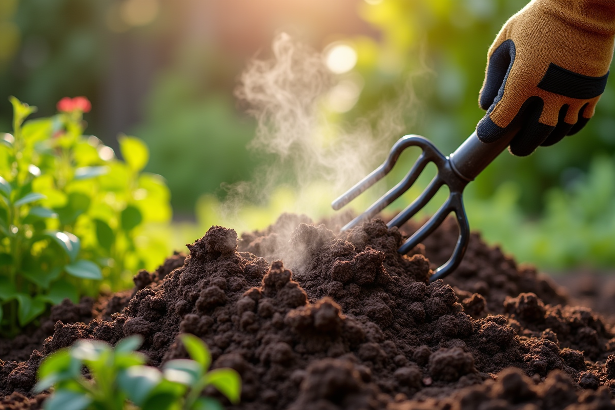 Personne tournant un compost dans un jardin ensoleille avec des mains gantées