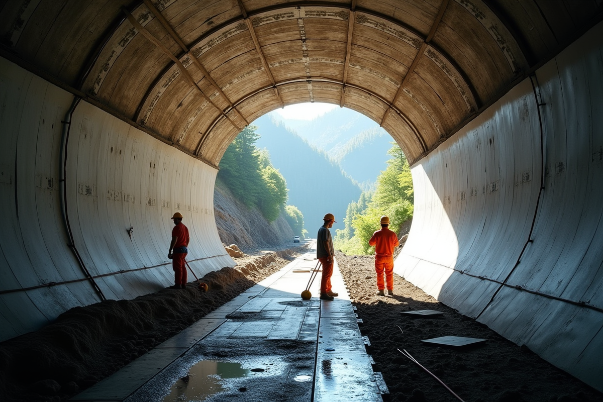 Ouvriers installant poutres en acier dans un tunnel souterrain