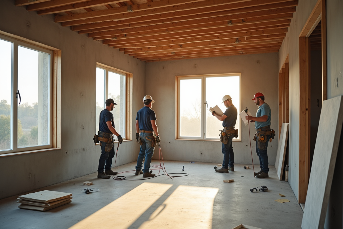 Travailleurs divers collaborant dans une rénovation intérieure