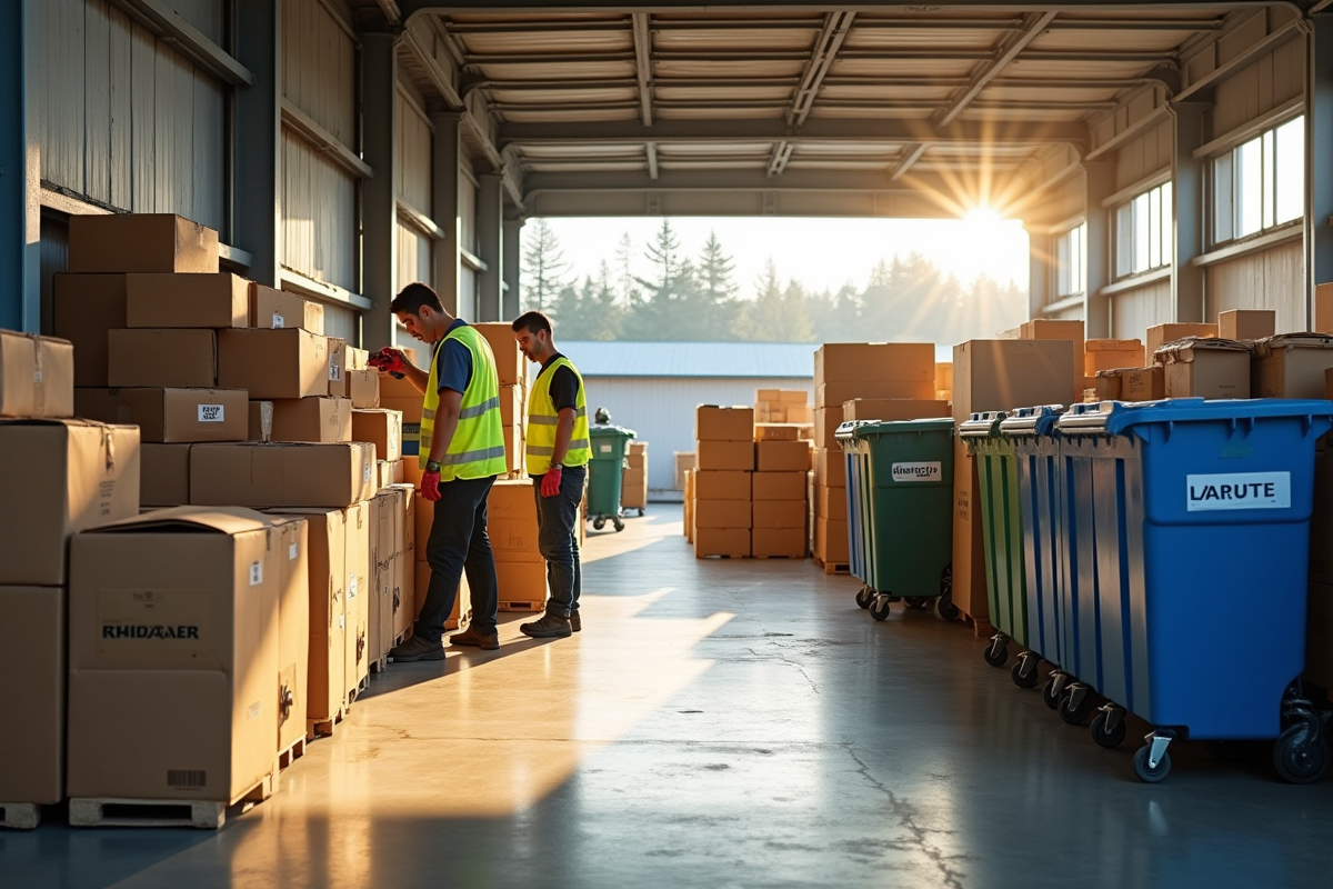 Travailleurs triant des cartons dans un centre de recyclage extérieur