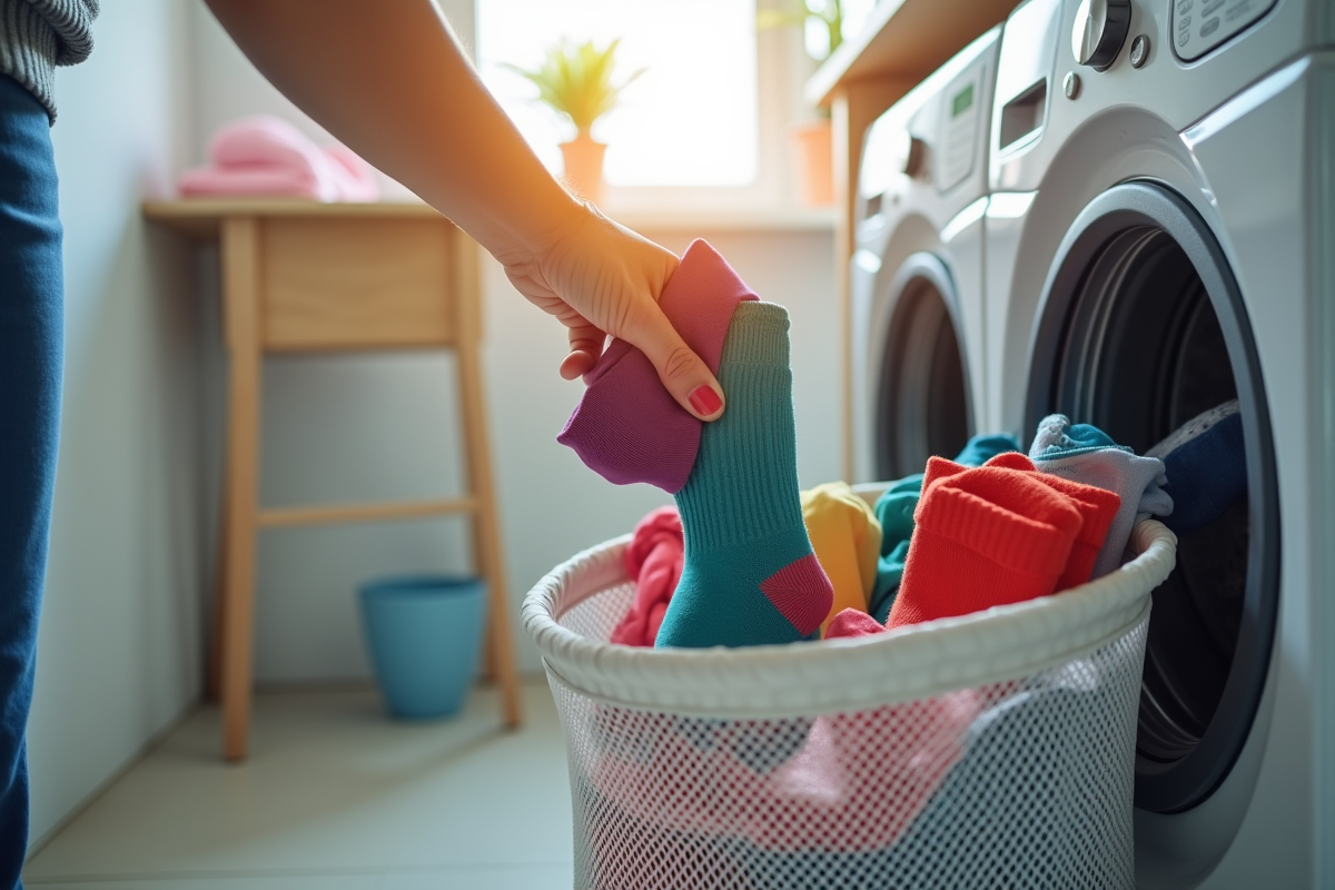 Personne triant des chaussettes colorées dans un lave-linge lumineux