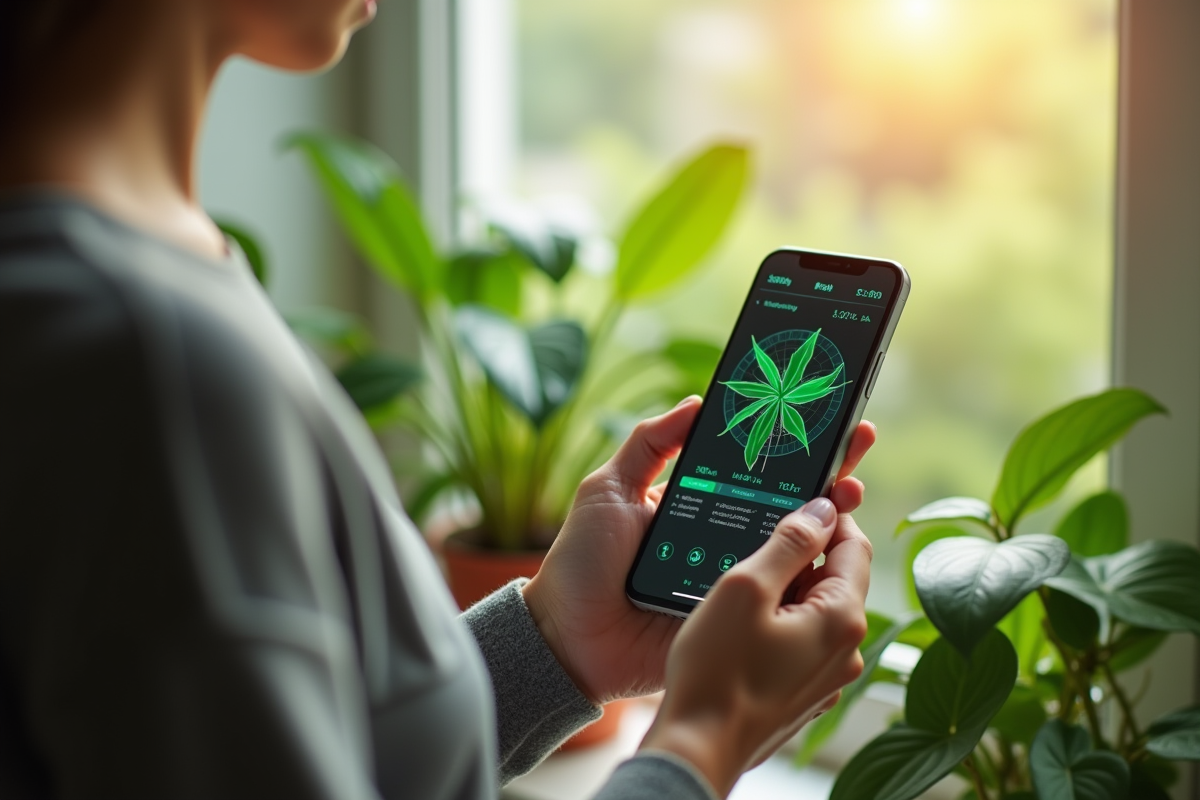 Personne utilisant un smartphone pour diagnostiquer une plante verte