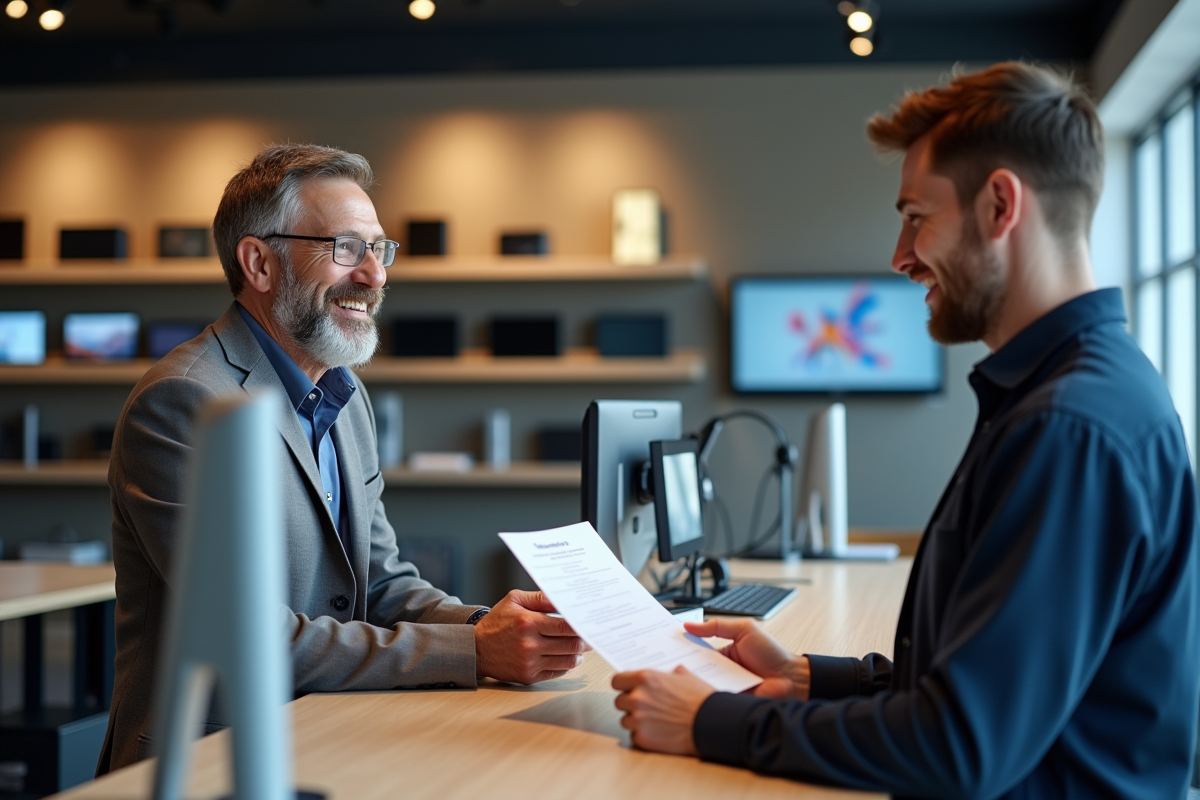 Employé sympathique remettant un reçu de garantie à un client souriant au magasin