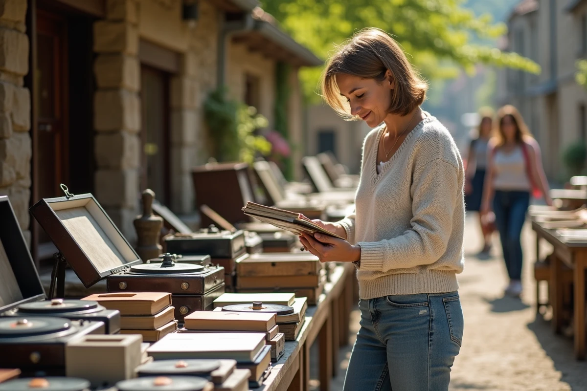 Femme d'âge moyen cherchant des vinyles dans un vide grenier