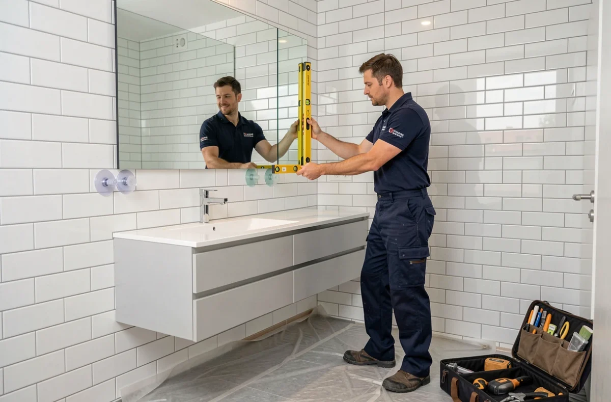 Vitrier installant un grand miroir sans cadre dans une salle de bain moderne à Strasbourg pour Vitrerie Miroiterie Renovation