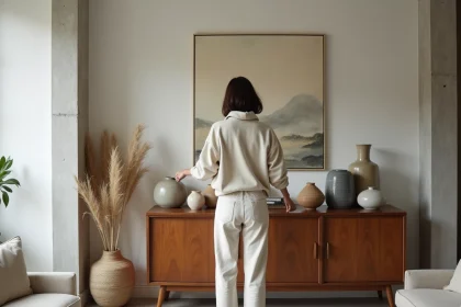 Femme stylée arrangeant des céramiques vintage dans un appartement